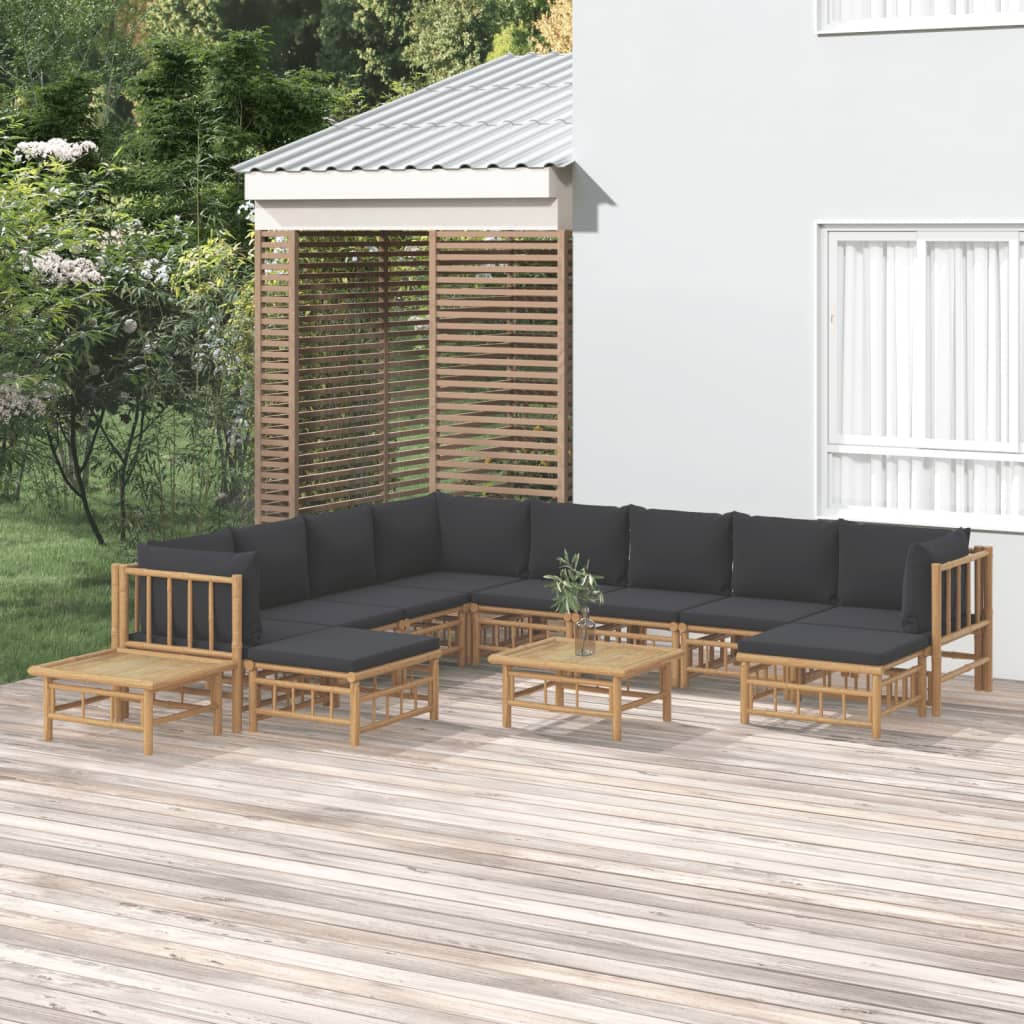 12 Piece Garden Lounge Set with Dark Grey Cushions Bamboo
