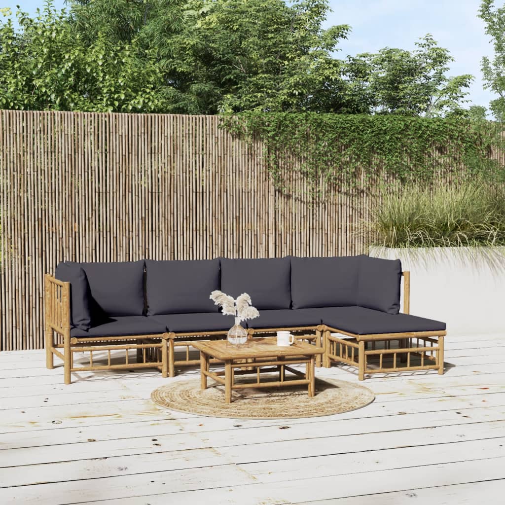 6 Piece Garden Lounge Set with Dark Grey Cushions Bamboo