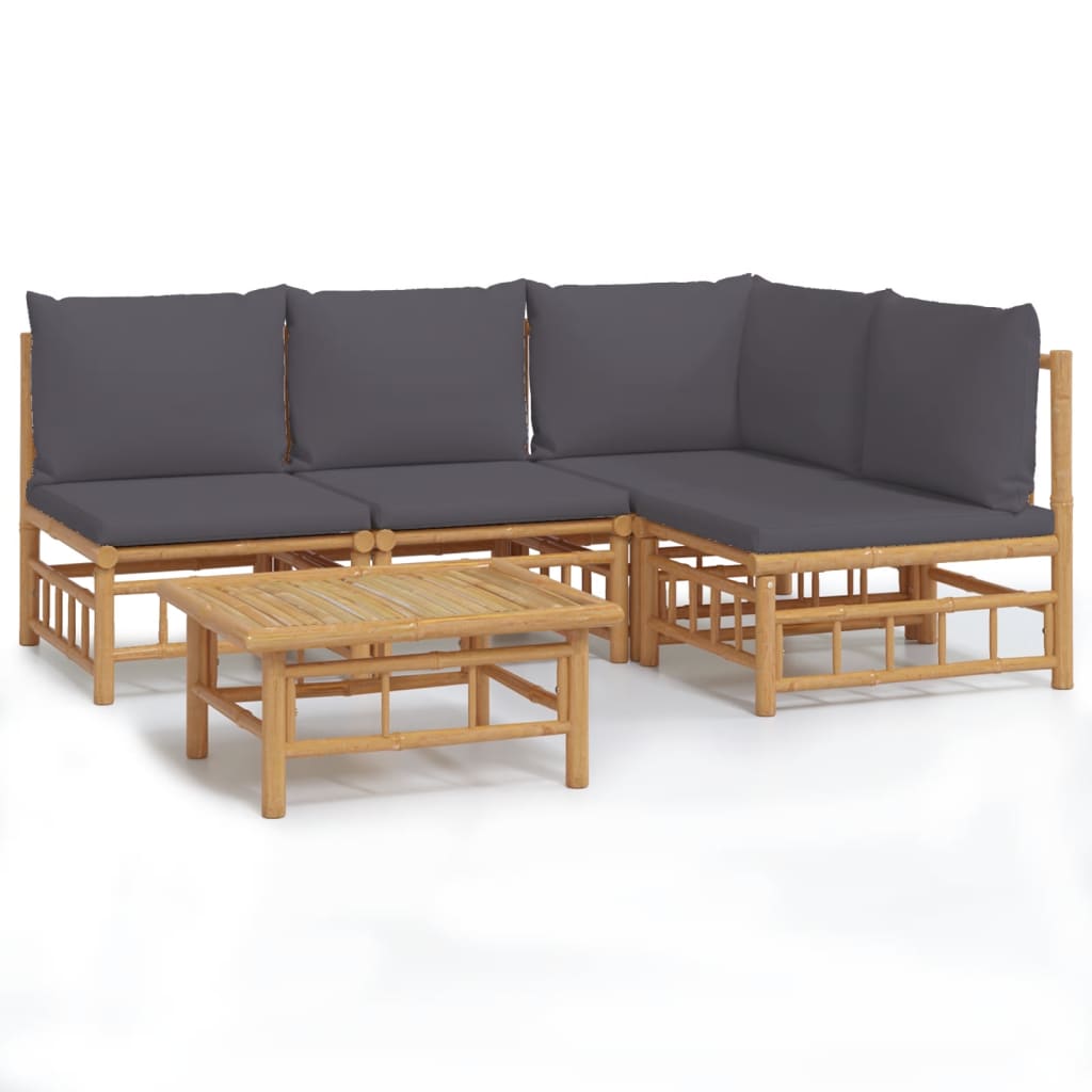 5 Piece Garden Lounge Set with Dark Grey Cushions Bamboo