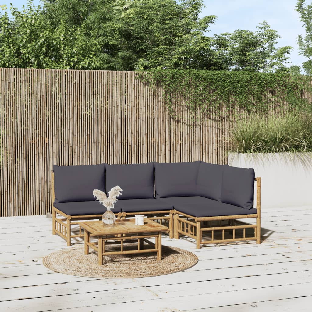 5 Piece Garden Lounge Set with Dark Grey Cushions Bamboo
