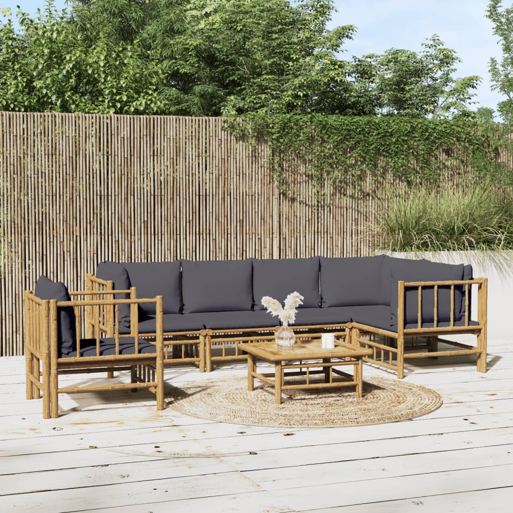 7 Piece Garden Lounge Set with Dark Grey Cushions Bamboo