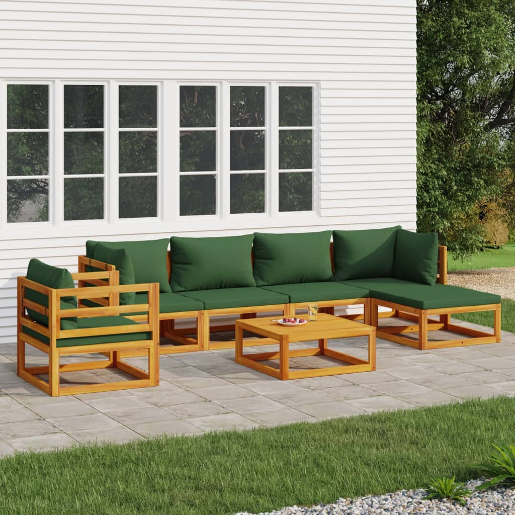 7 Piece Garden Lounge Set with Green Cushions Solid Wood