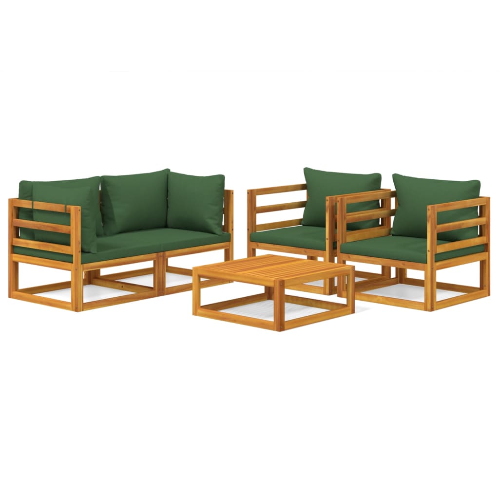 5 Piece Garden Lounge Set with Green Cushions Solid Wood