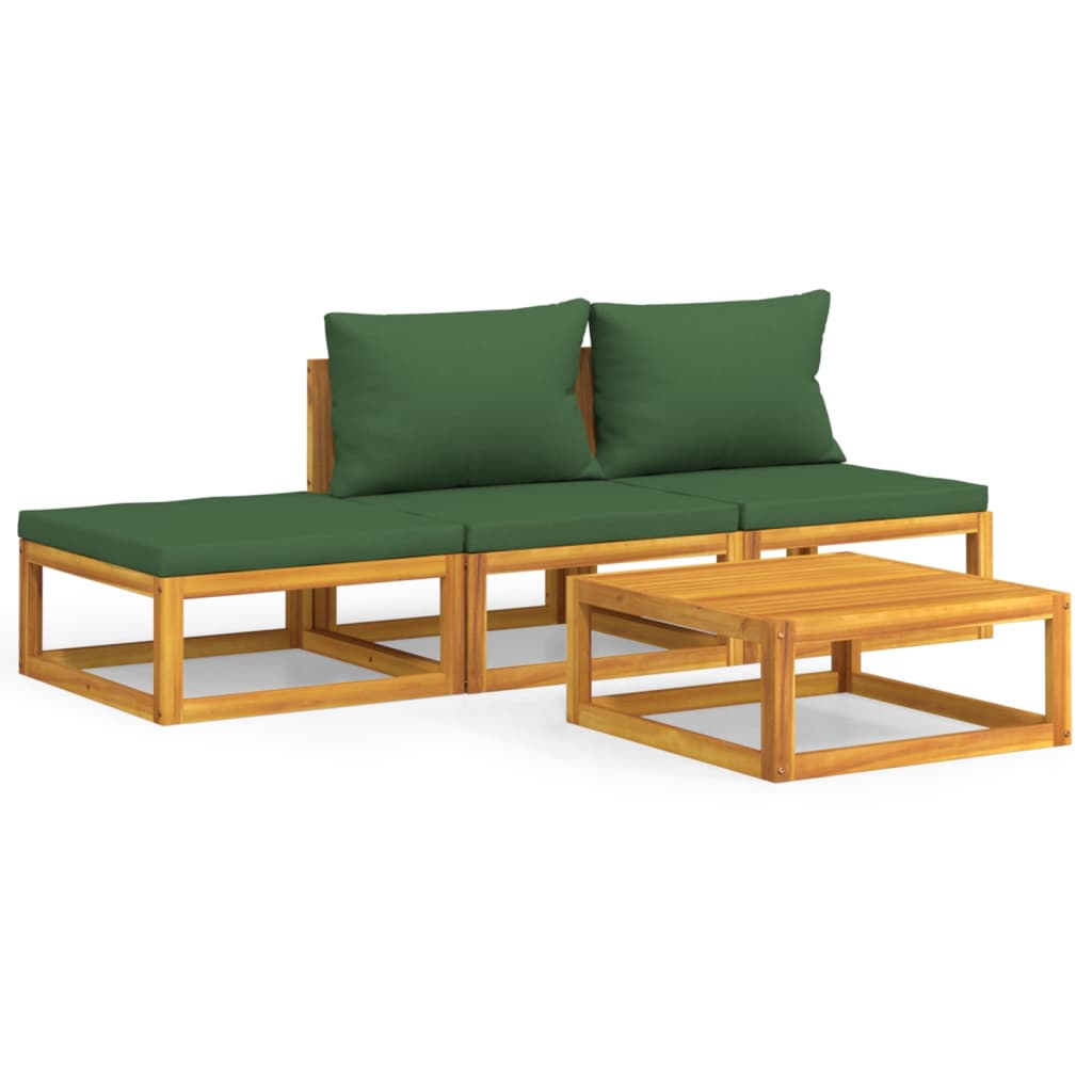 4 Piece Garden Lounge Set with Green Cushions Solid Wood