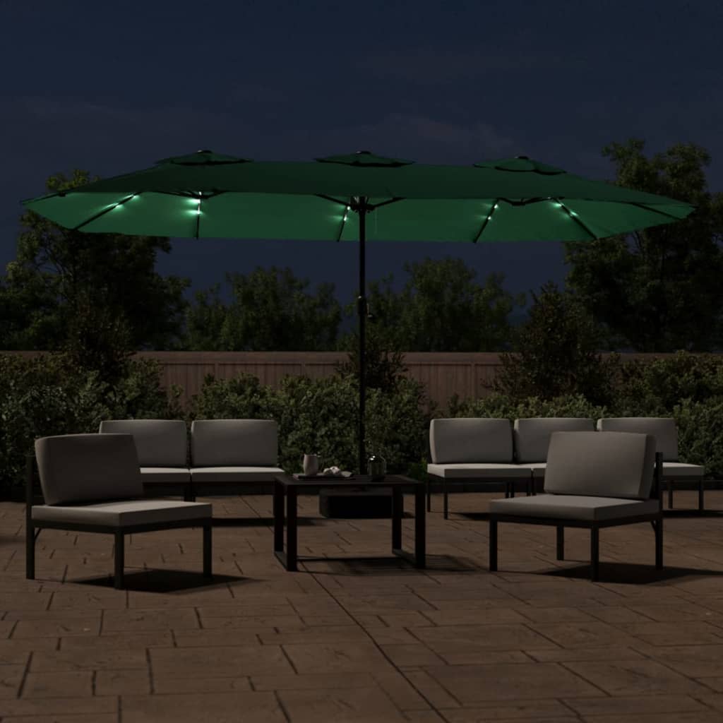 Double-Head Garden Parasol with LEDs Green 449x265 cm