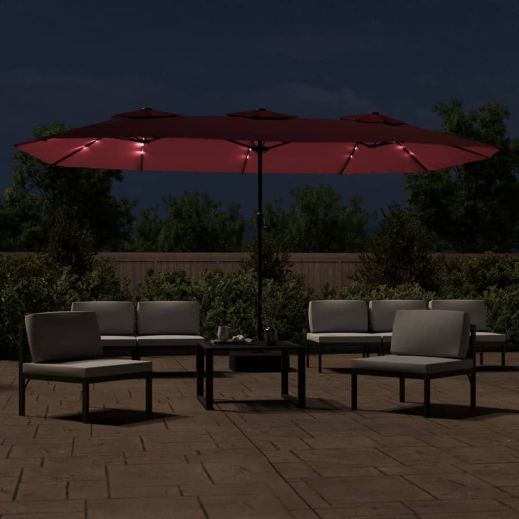 Double-Head Garden Parasol with LEDs Bordeaux Red 449x265 cm