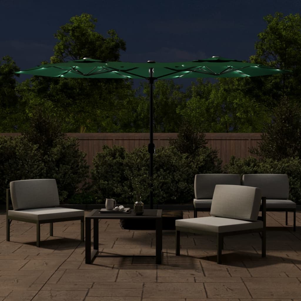 Double-Head Garden Parasol with LEDs Green 316x145 cm
