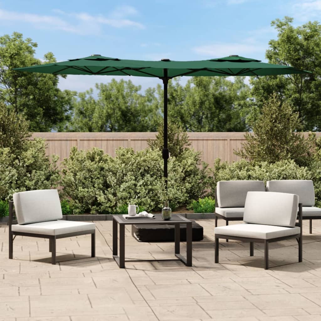 Double-Head Garden Parasol with LEDs Green 316x145 cm