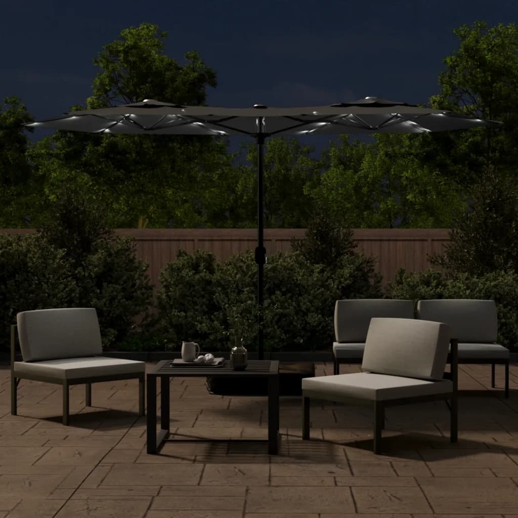 Double-Head Garden Parasol with LEDs Anthracite 316x145 cm