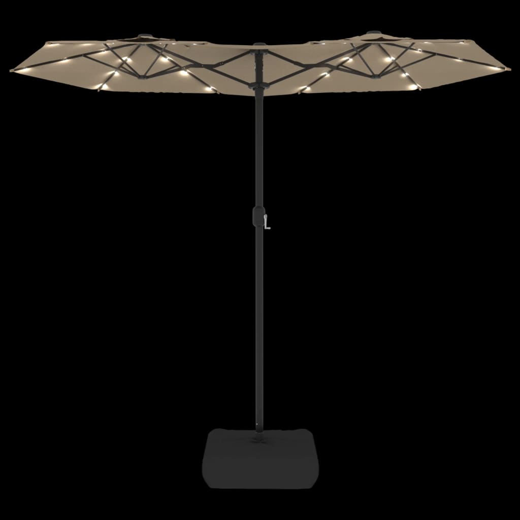 Double-Head Garden Parasol with LEDs Taupe 316x145 cm
