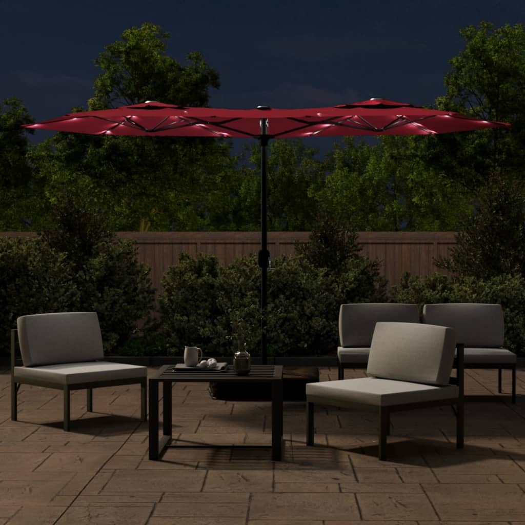 Double-Head Garden Parasol with LEDs Bordeaux Red 316x145 cm