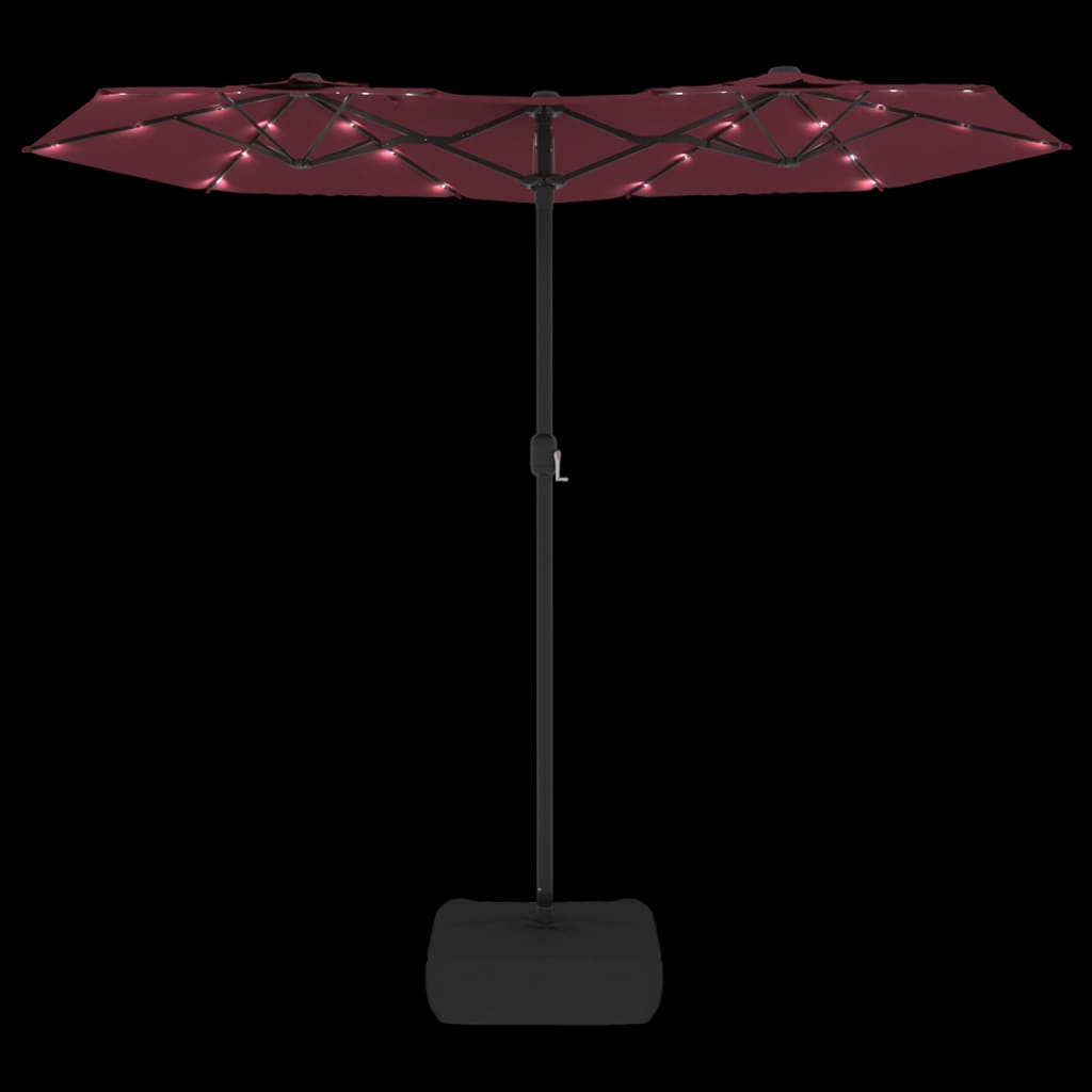 Double-Head Garden Parasol with LEDs Bordeaux Red 316x145 cm