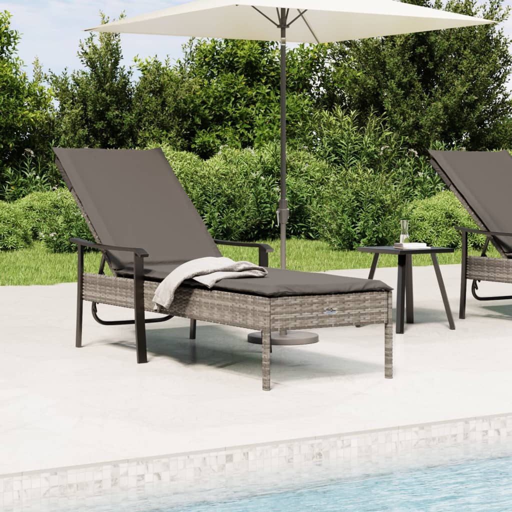 Sun Lounger with Cushion Grey Poly Rattan