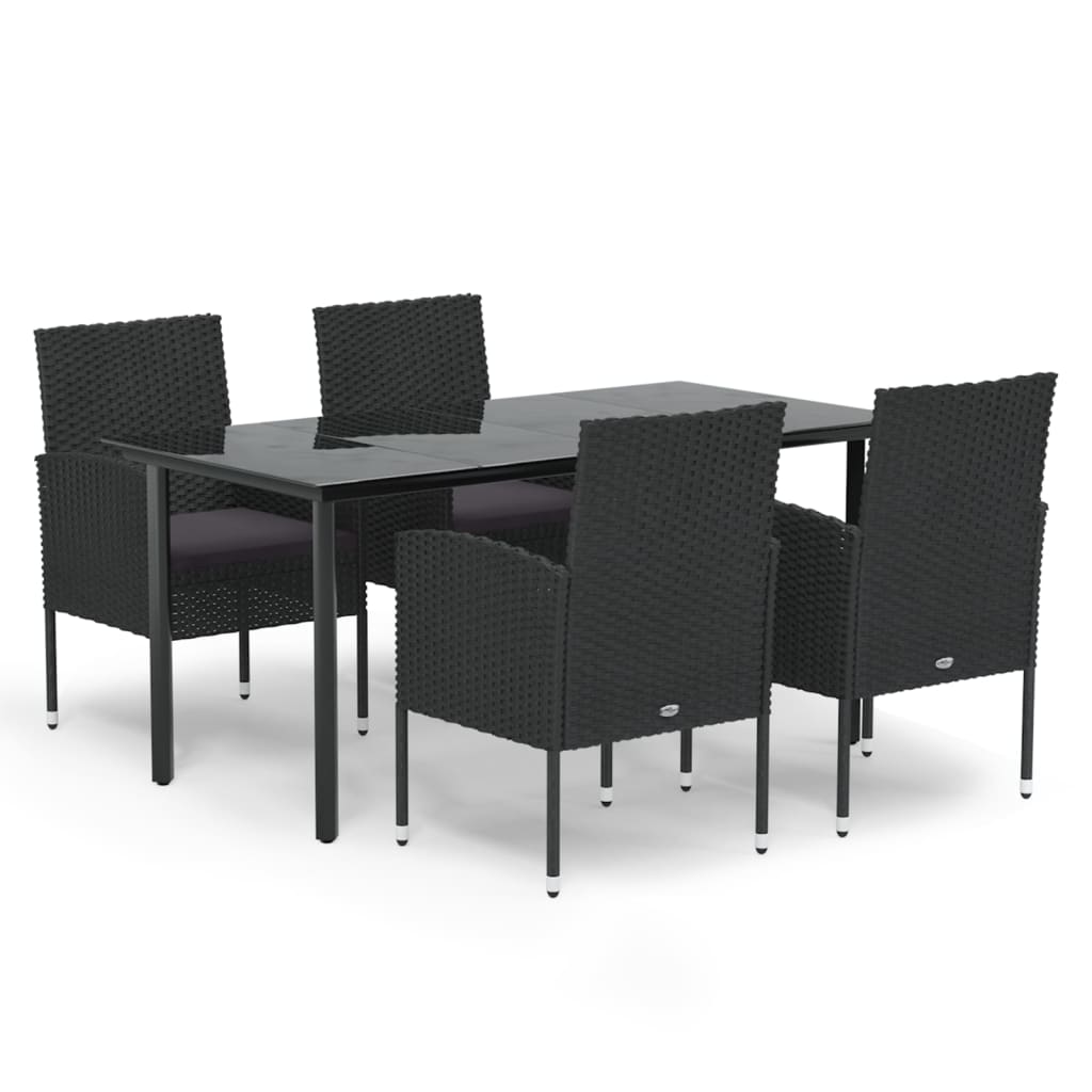 5 Piece Garden Dining Set with Cushions Black Poly Rattan
