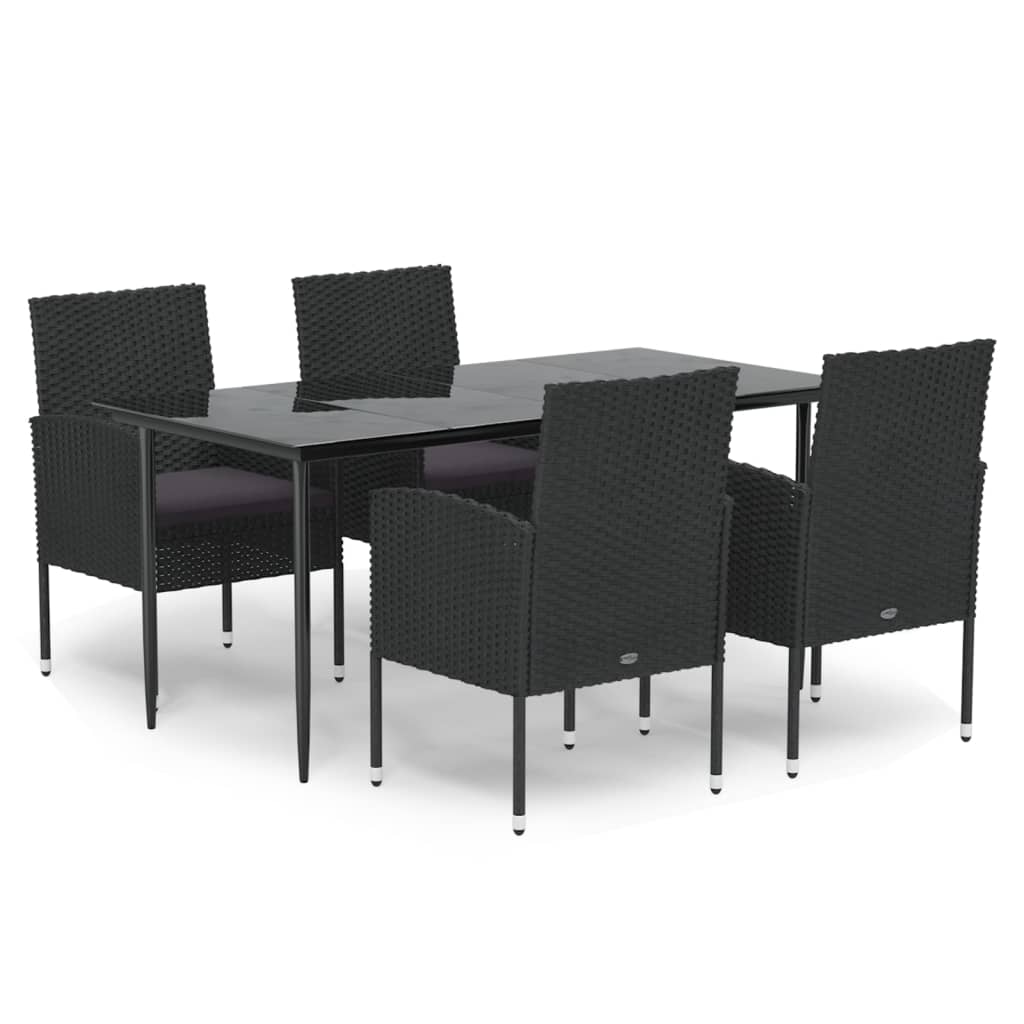 5 Piece Garden Dining Set with Cushions Black Poly Rattan
