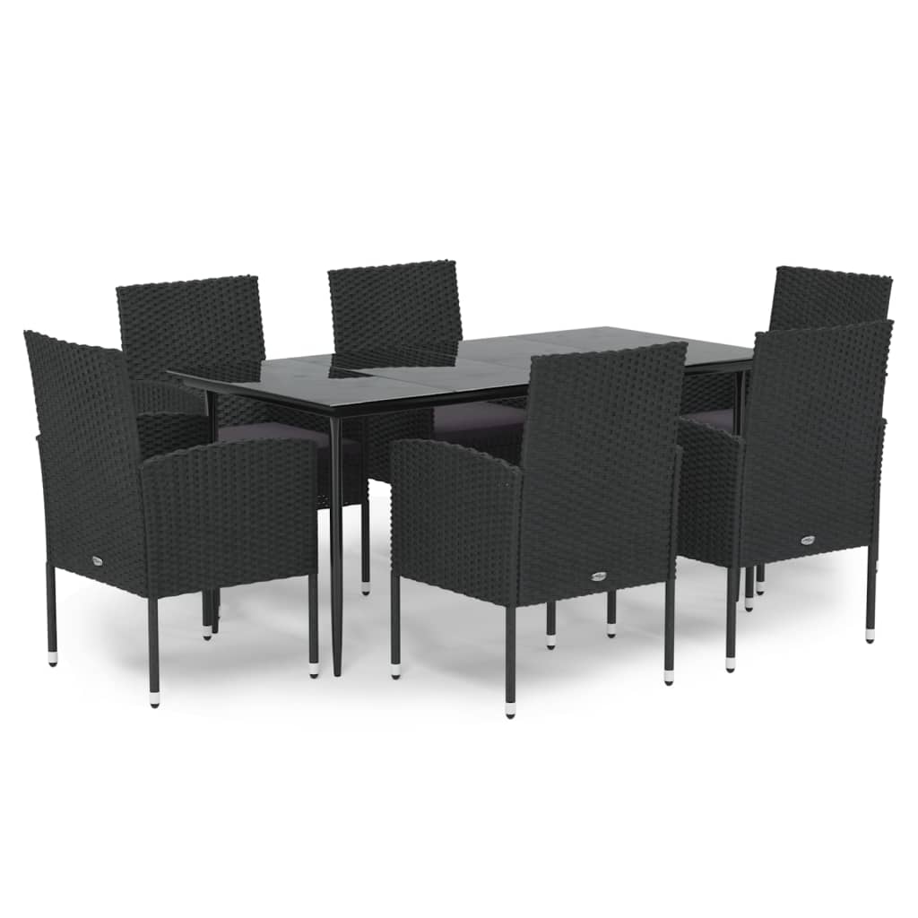 7 Piece Garden Dining Set with Cushions Black Poly Rattan
