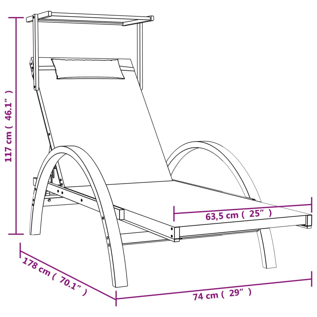Sun Lounger with Canopy Grey Textilene and Solid Wood Poplar