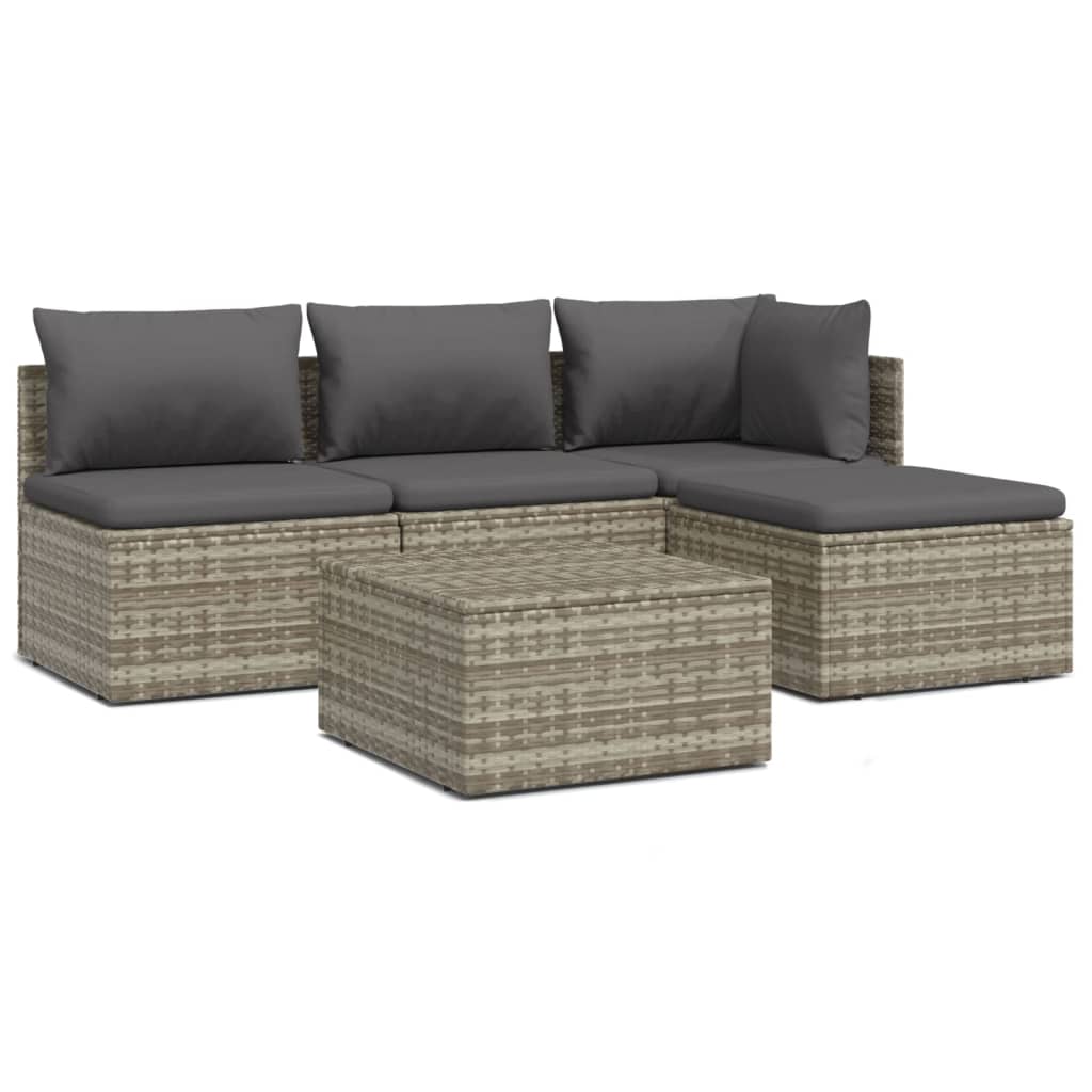 5 Piece Garden Lounge Set with Cushions Grey Poly Rattan