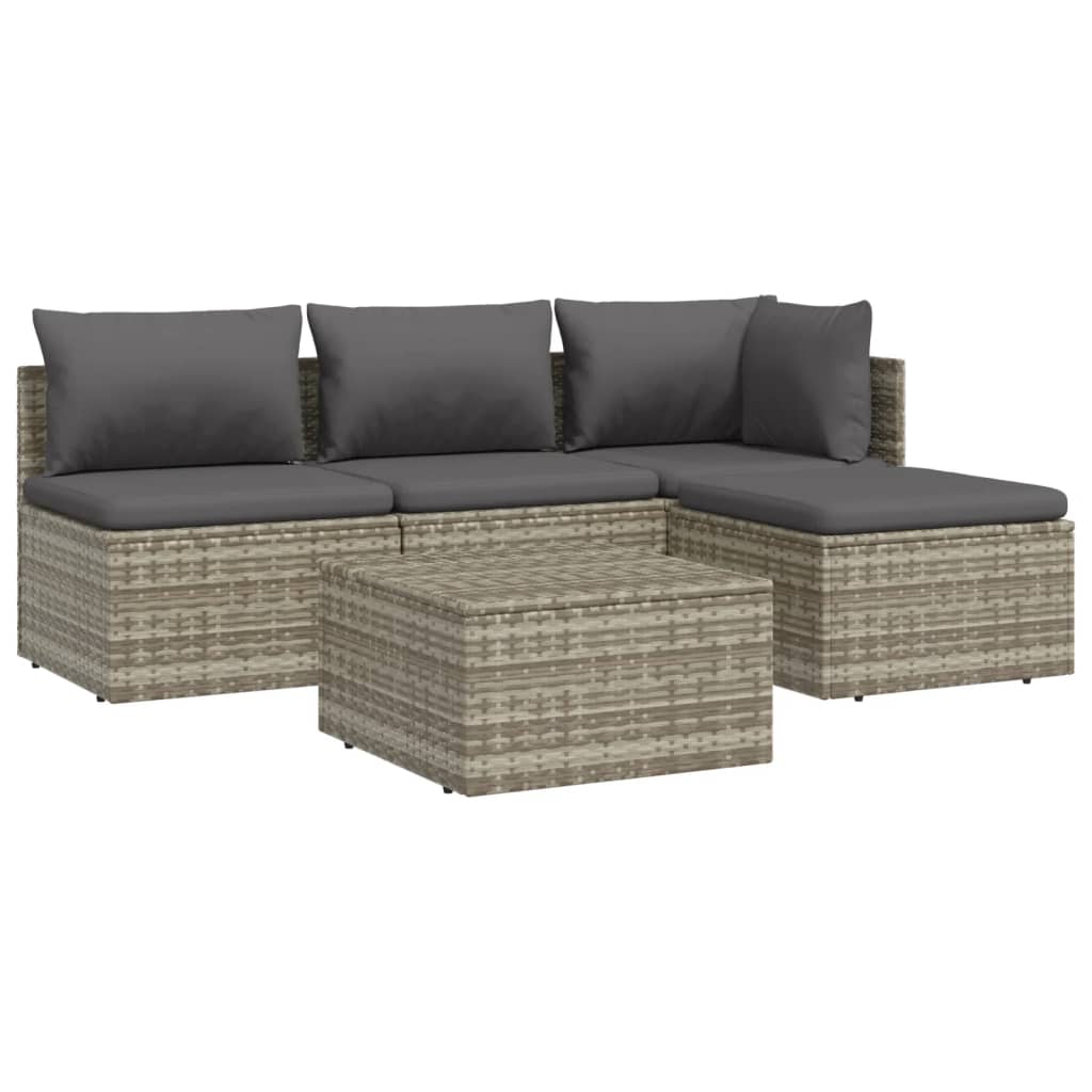 5 Piece Garden Lounge Set with Cushions Grey Poly Rattan