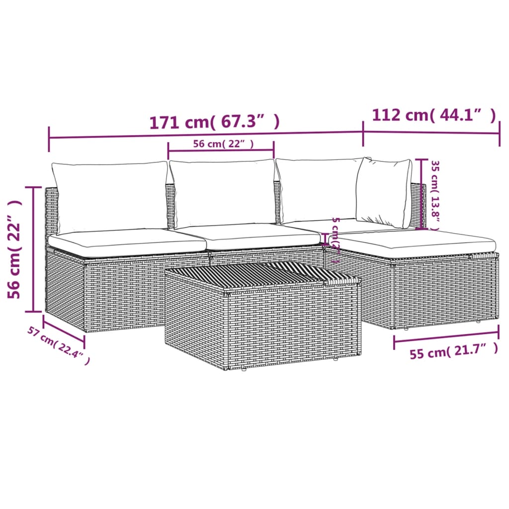 5 Piece Garden Lounge Set with Cushions Grey Poly Rattan