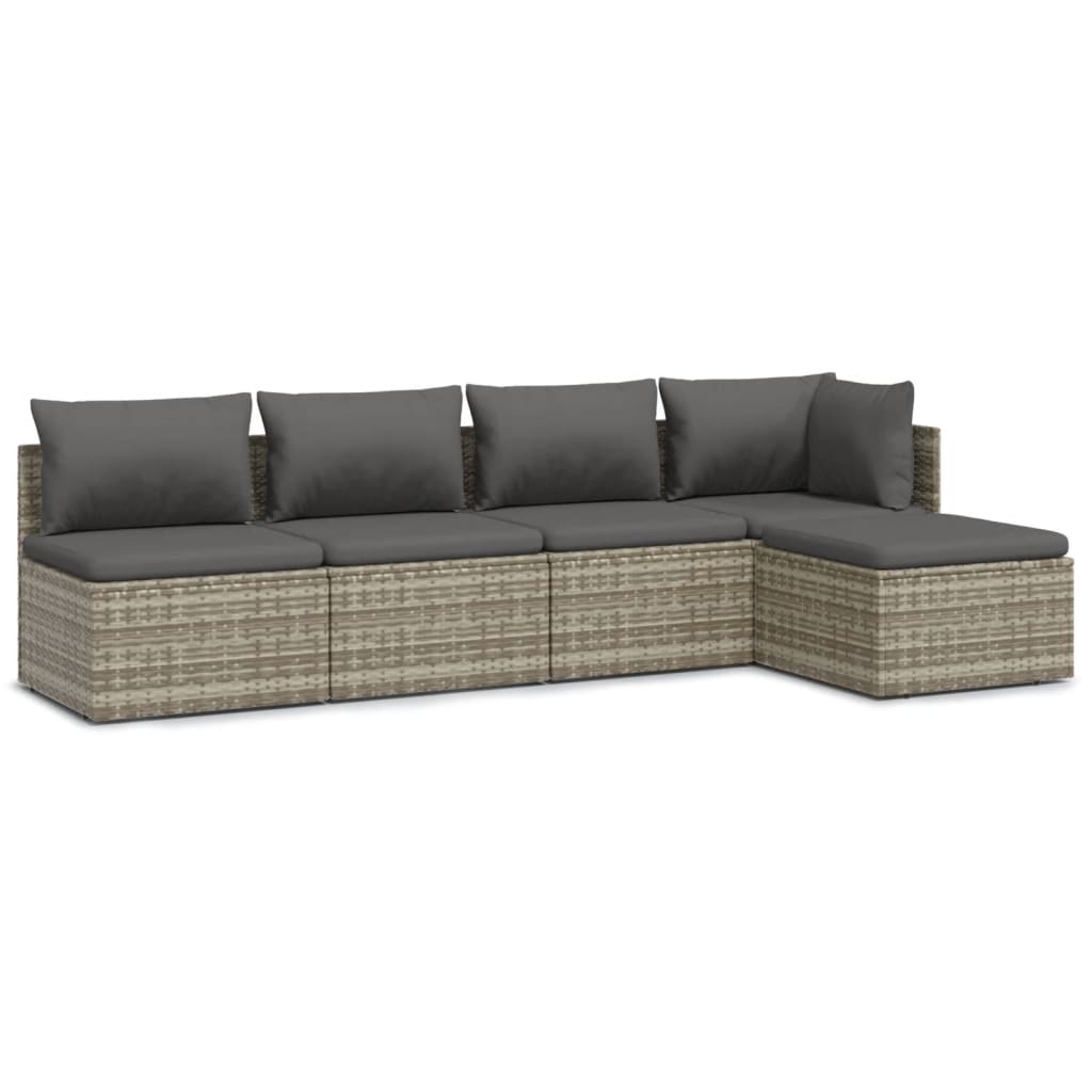 5 Piece Garden Lounge Set with Cushions Grey Poly Rattan
