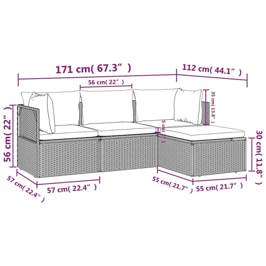 4 Piece Garden Lounge Set with Cushions Grey Poly Rattan