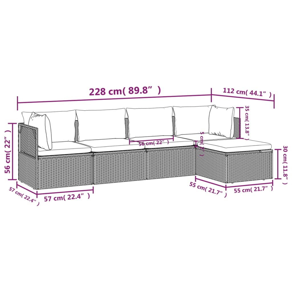5 Piece Garden Lounge Set with Cushions Grey Poly Rattan