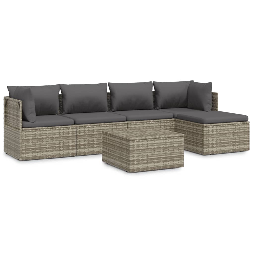 6 Piece Garden Lounge Set with Cushions Grey Poly Rattan