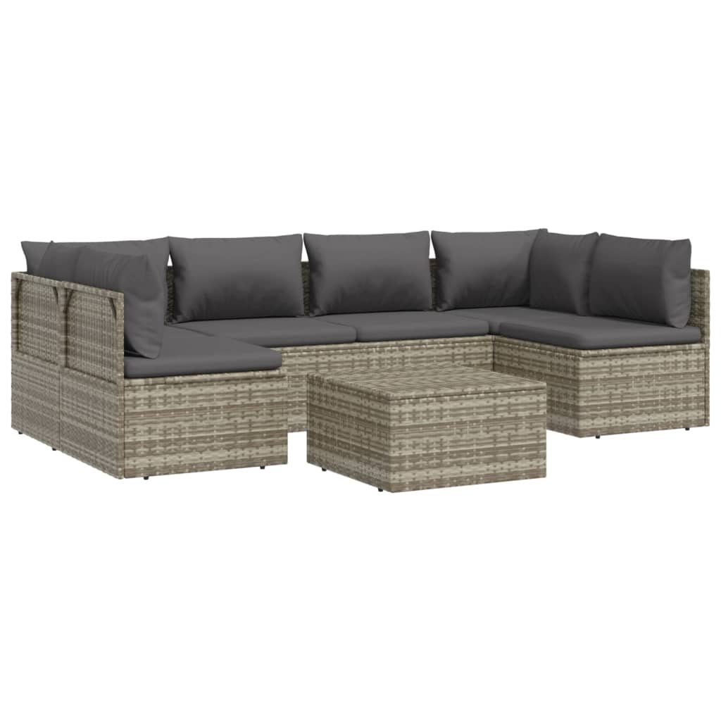 7 Piece Garden Lounge Set with Cushions Grey Poly Rattan