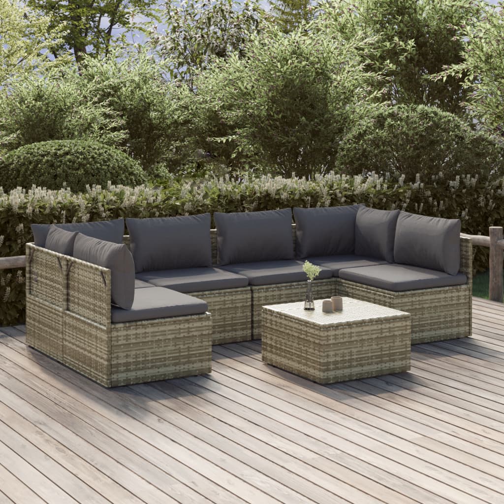 7 Piece Garden Lounge Set with Cushions Grey Poly Rattan
