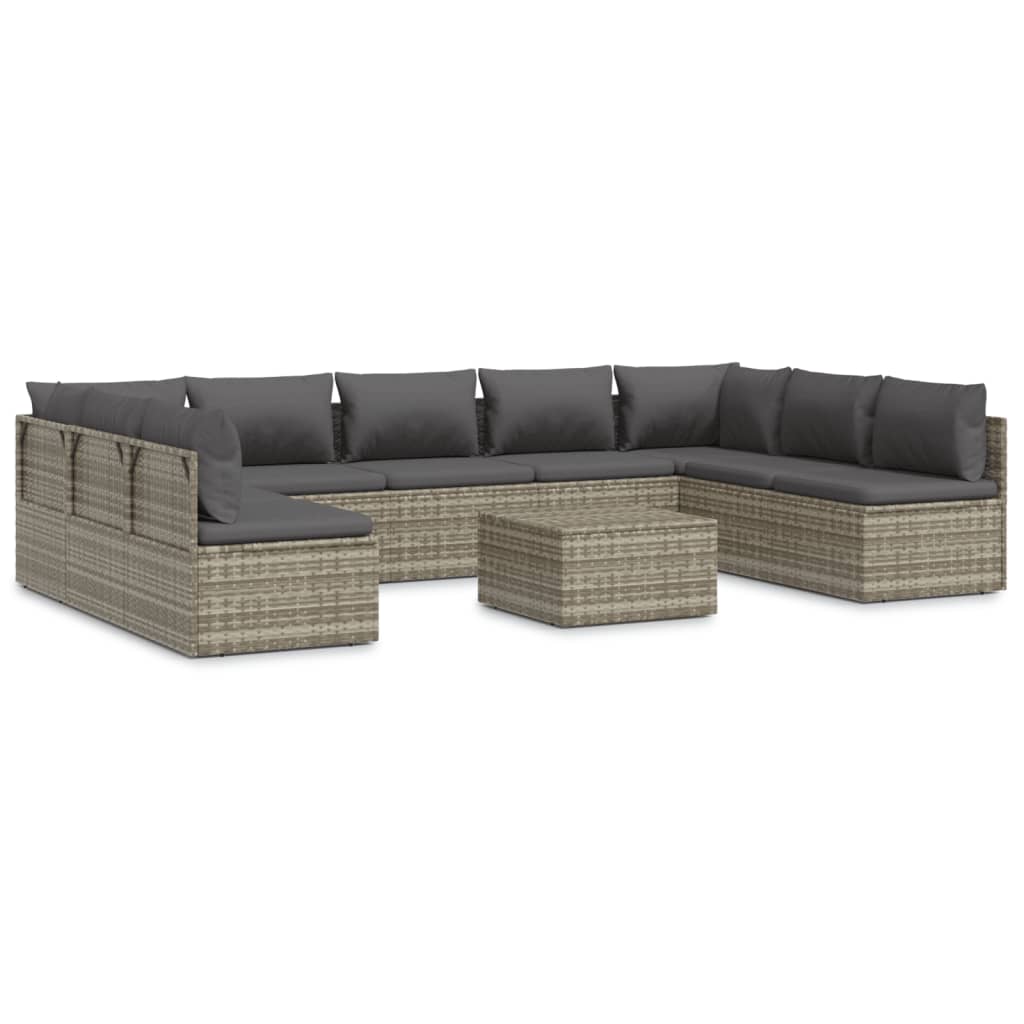 10 Piece Garden Lounge Set with Cushions Grey Poly Rattan