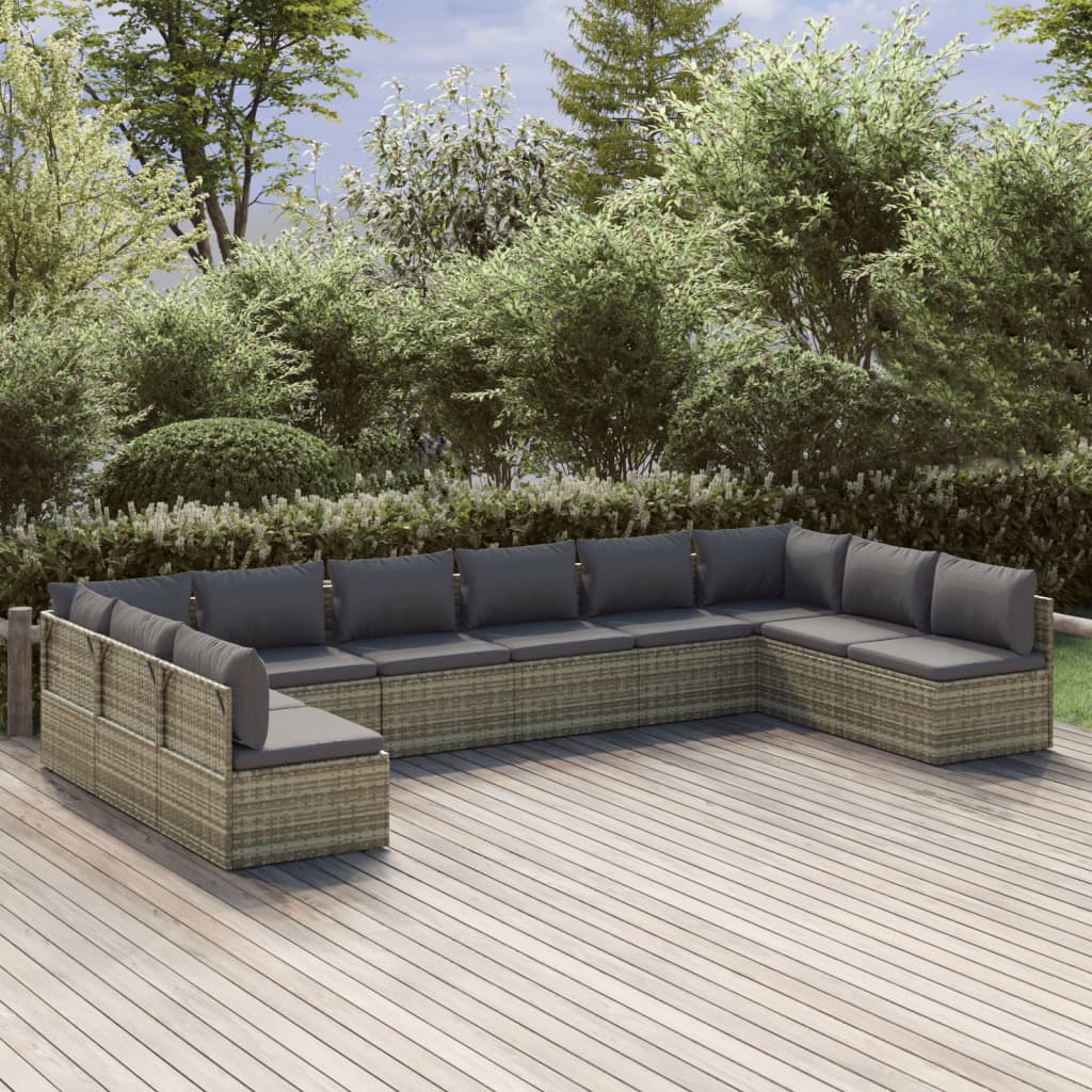 10 Piece Garden Lounge Set with Cushions Grey Poly Rattan