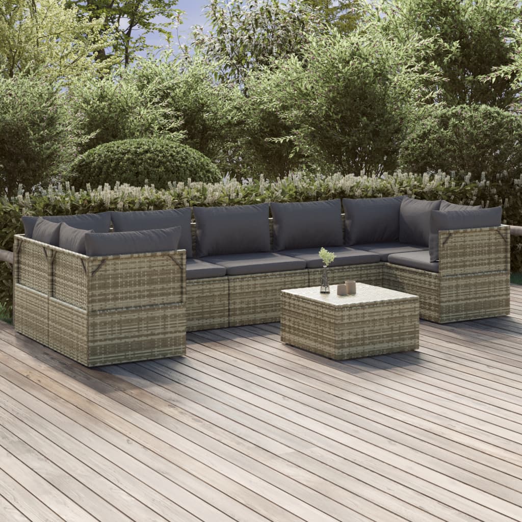8 Piece Garden Lounge Set with Cushions Grey Poly Rattan