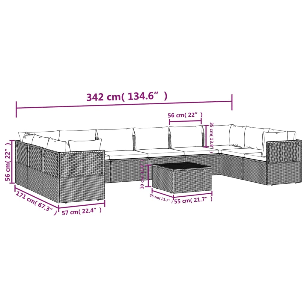 11 Piece Garden Lounge Set with Cushions Grey Poly Rattan