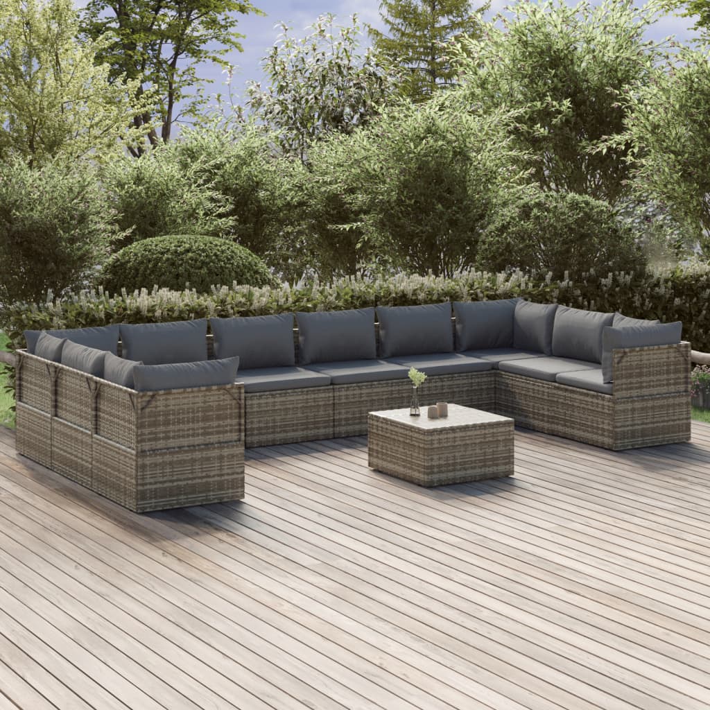 11 Piece Garden Lounge Set with Cushions Grey Poly Rattan