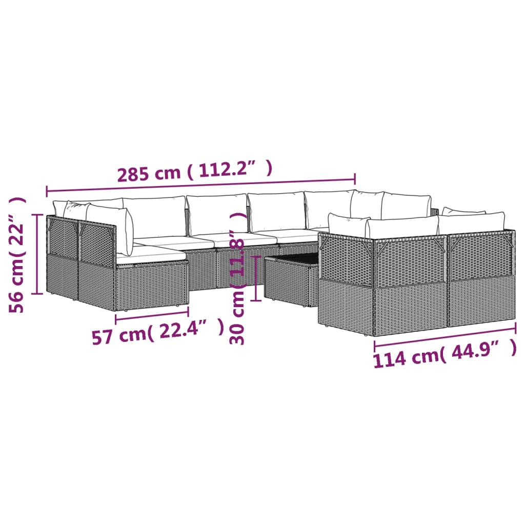 10 Piece Garden Lounge Set with Cushions Grey Poly Rattan