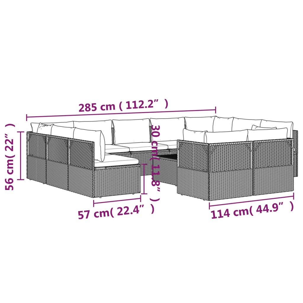 12 Piece Garden Lounge Set with Cushions Grey Poly Rattan
