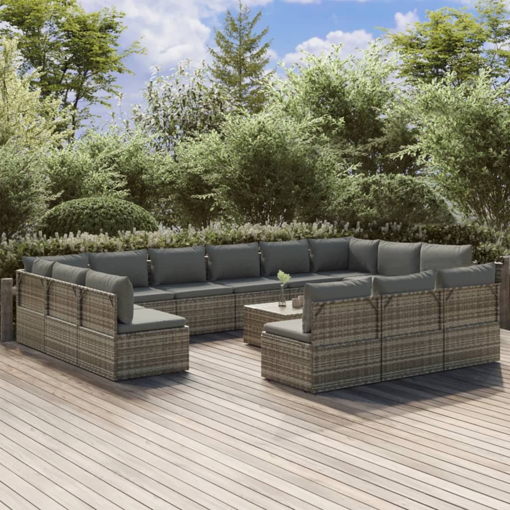 14 Piece Garden Lounge Set with Cushions Grey Poly Rattan