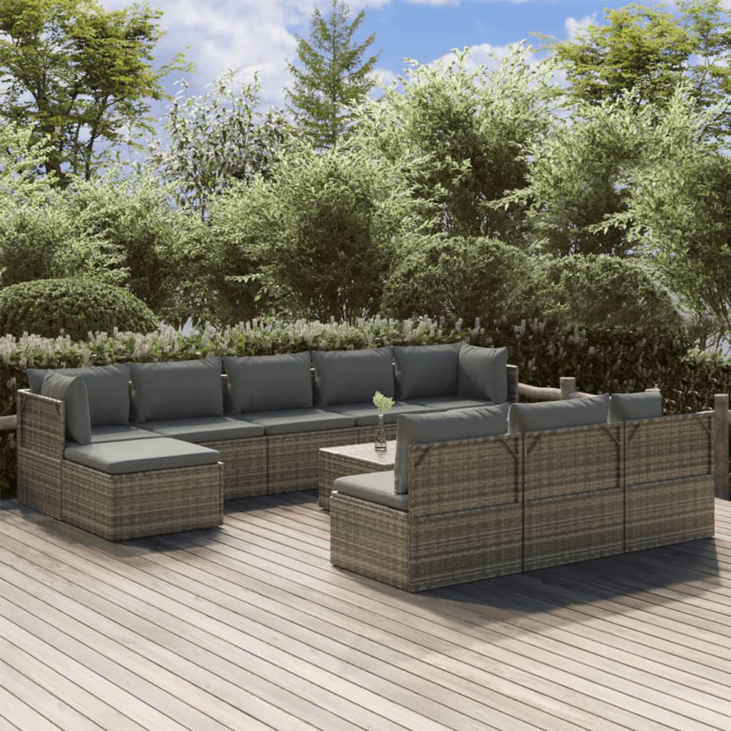 11 Piece Garden Lounge Set with Cushions Grey Poly Rattan