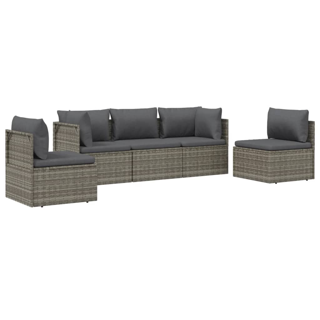 5 Piece Garden Lounge Set with Cushions Grey Poly Rattan