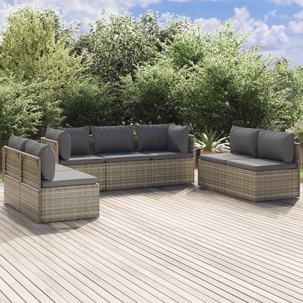 7 Piece Garden Lounge Set with Cushions Grey Poly Rattan