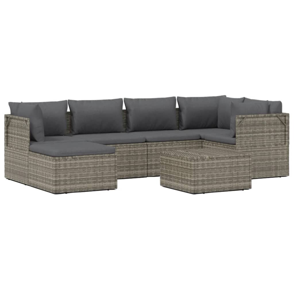 7 Piece Garden Lounge Set with Cushions Grey Poly Rattan