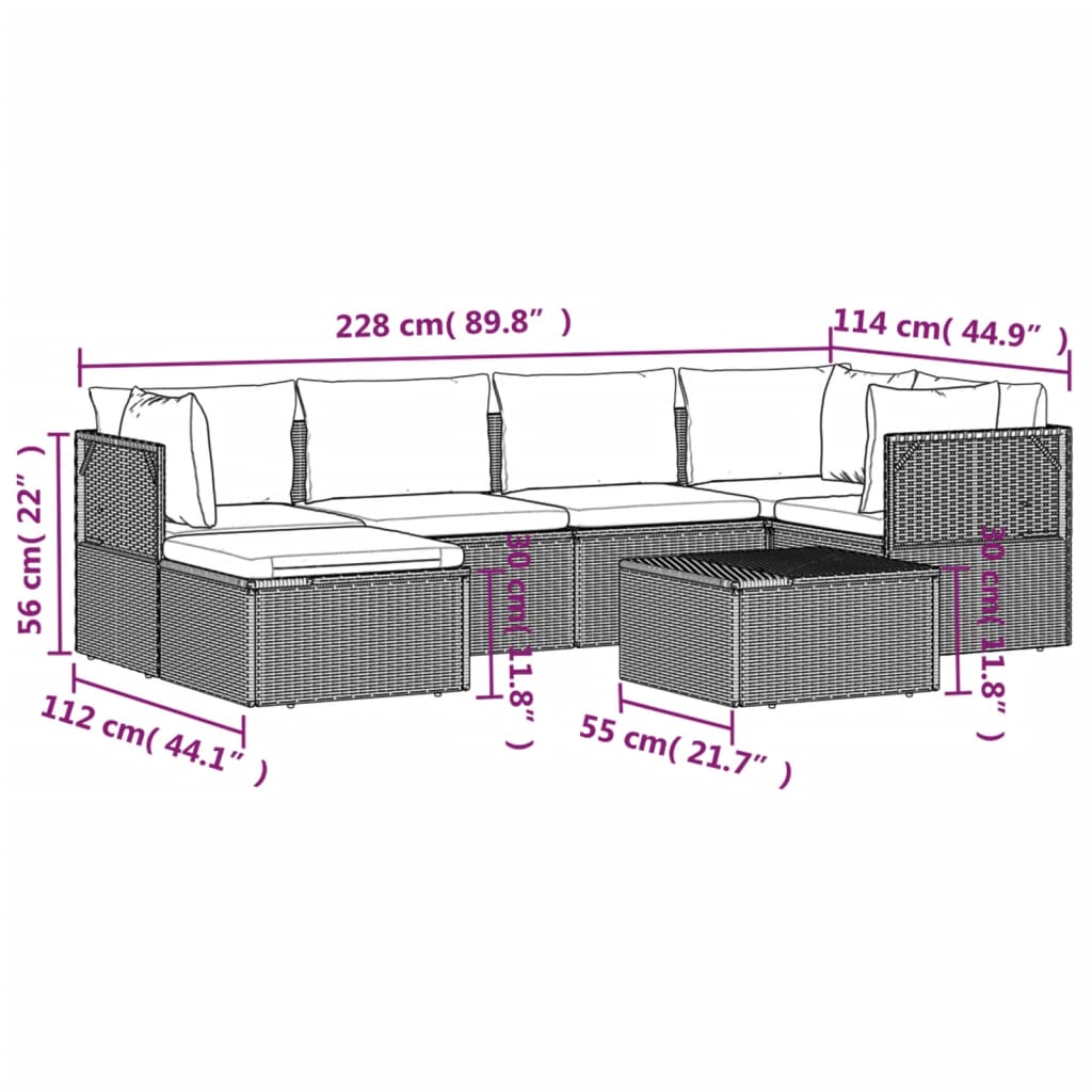 7 Piece Garden Lounge Set with Cushions Grey Poly Rattan