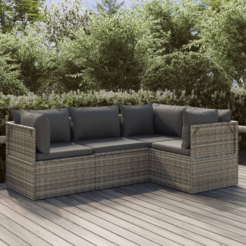 4 Piece Garden Lounge Set with Cushions Grey Poly Rattan