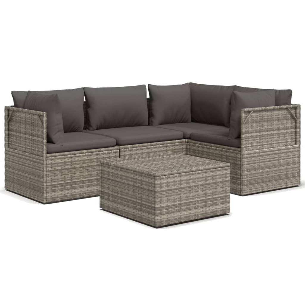 5 Piece Garden Lounge Set with Cushions Grey Poly Rattan