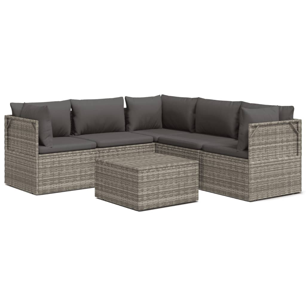 6 Piece Garden Lounge Set with Cushions Grey Poly Rattan