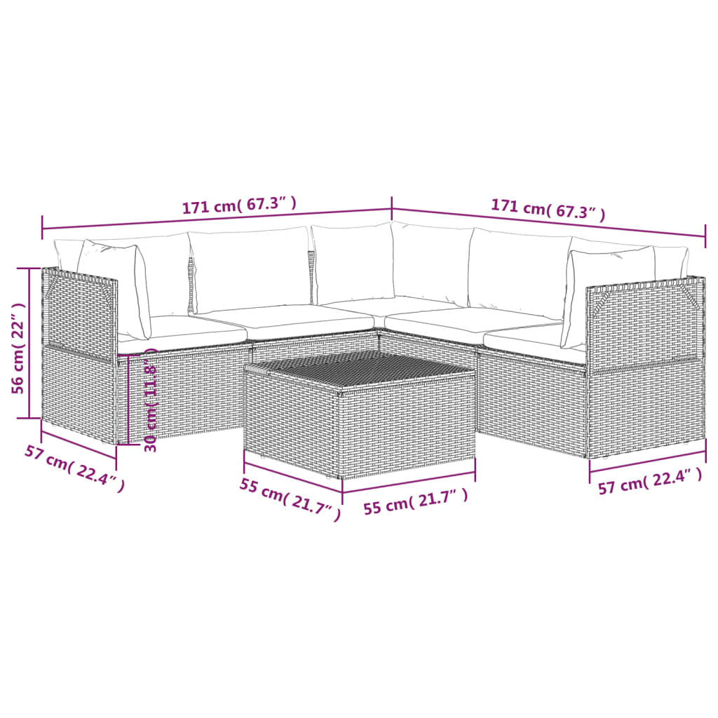 6 Piece Garden Lounge Set with Cushions Grey Poly Rattan