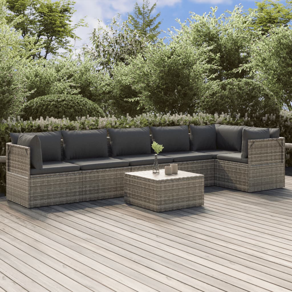 7 Piece Garden Lounge Set with Cushions Grey Poly Rattan