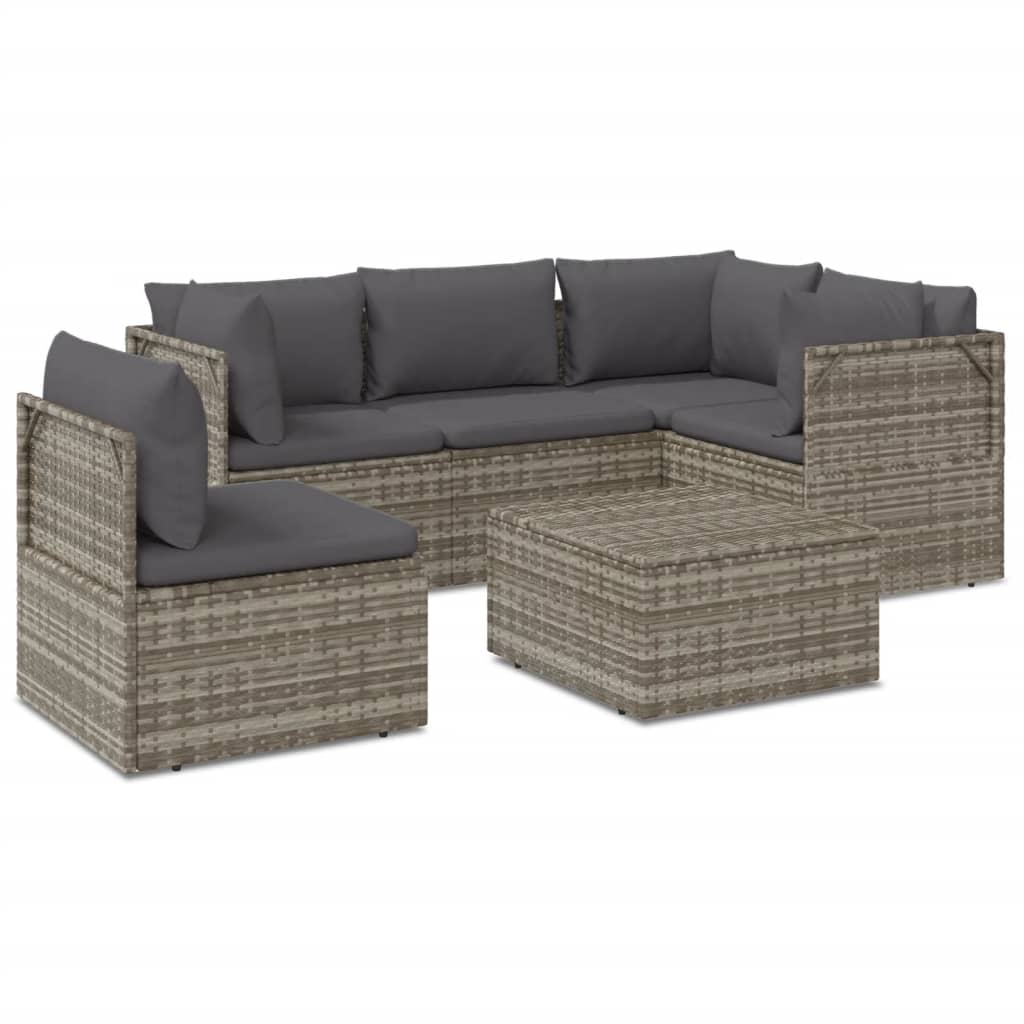 6 Piece Garden Lounge Set with Cushions Grey Poly Rattan