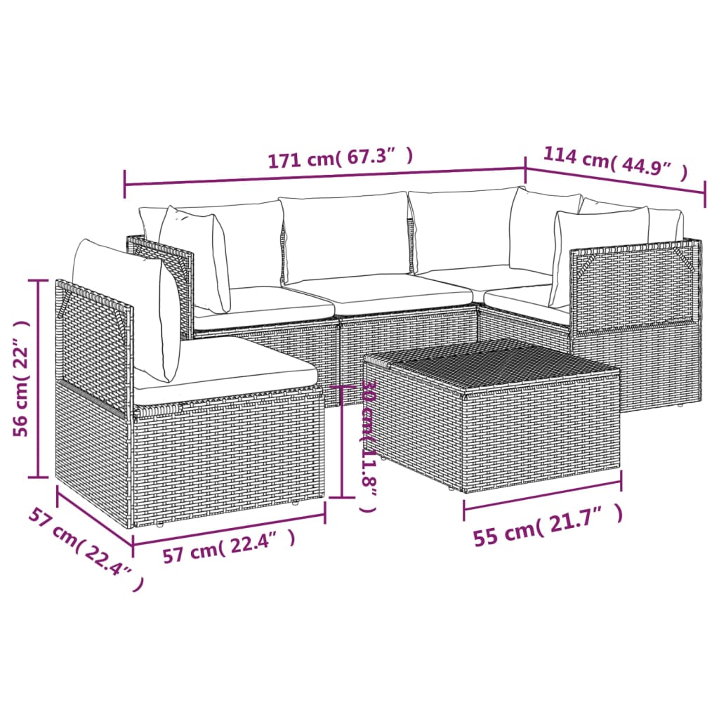 6 Piece Garden Lounge Set with Cushions Grey Poly Rattan